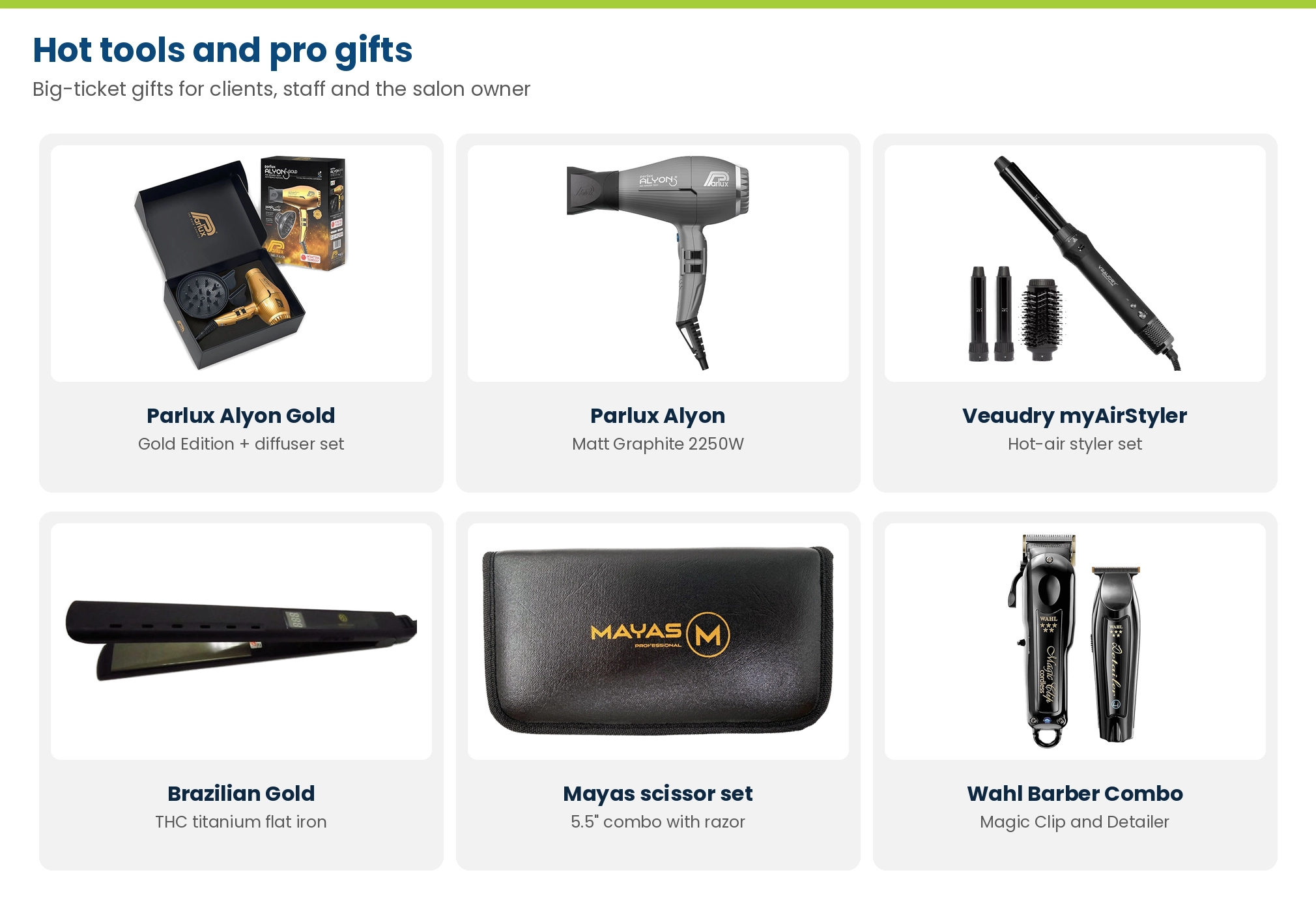 Hot tools and professional gifts at Lime Light: Parlux Alyon Gold Edition diffuser set, Parlux Alyon Matt Graphite, Veaudry myAirStyler, Brazilian Gold flat iron, Mayas scissor combo set and Wahl Barber Combo
