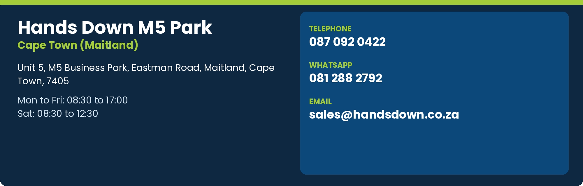Hands Down M5 Park address, opening hours, telephone, WhatsApp and email
