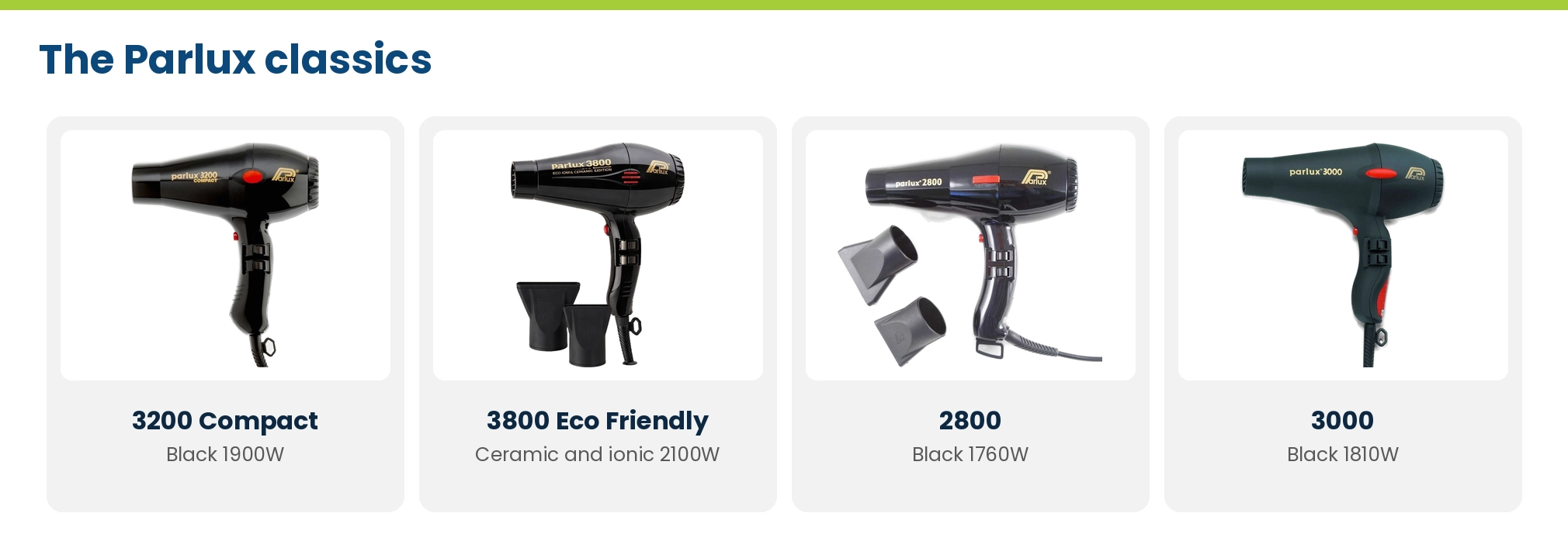 Parlux classic hairdryers at Lime Light: 3200 Compact Black 1900W, 3800 Eco Friendly 2100W, 2800 Black 1760W and 3000 Black 1810W